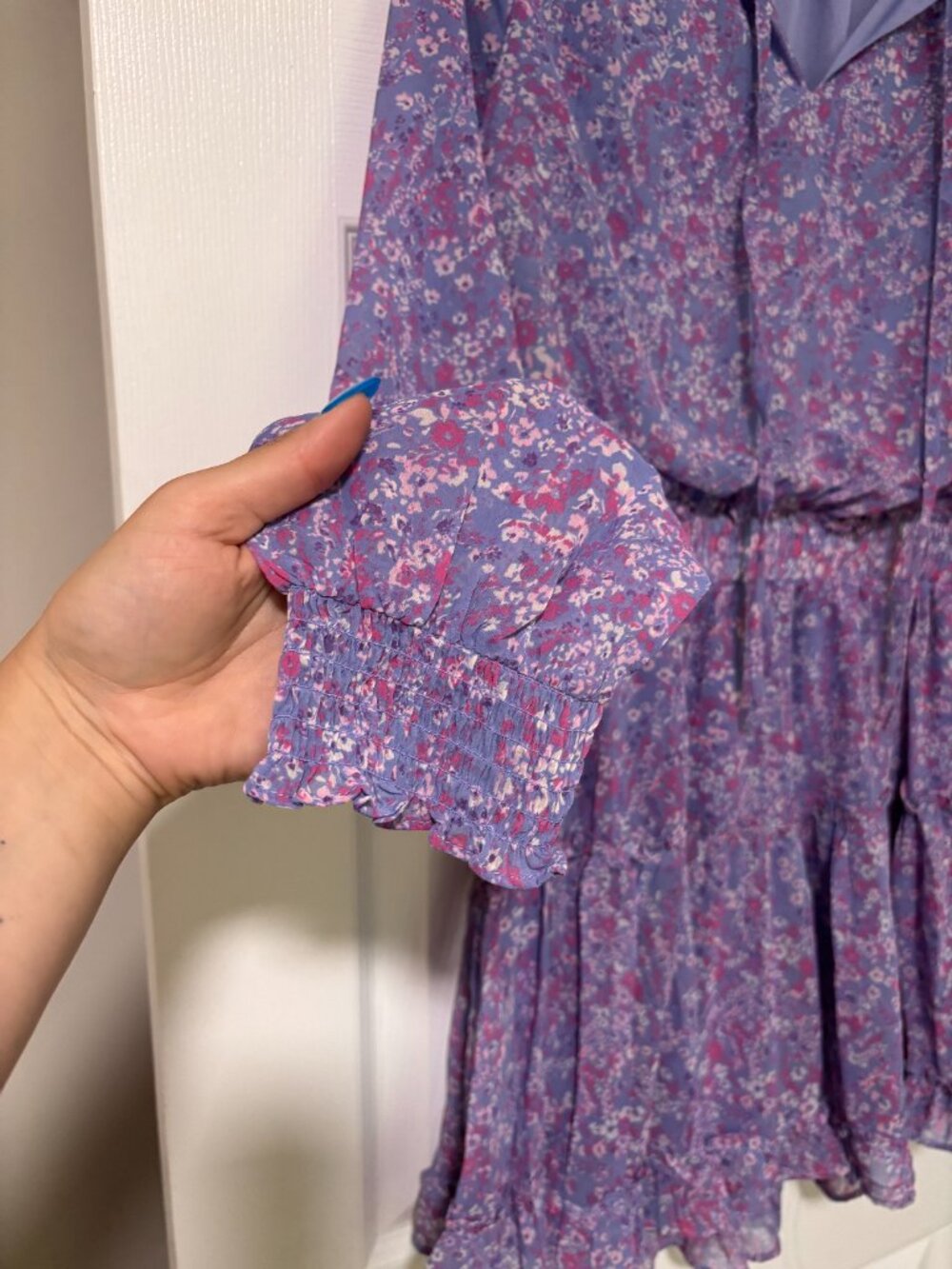 Floral Long Sleeve Ruffle Mini Dress | Lavender Bohemian Dress (Large) - Picture 8 of 10
